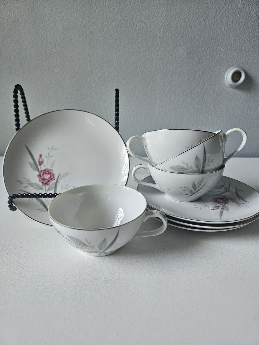 Vintage Windsor Rose Japan Porcelain Tea Cups & Saucers with  Silver Trim